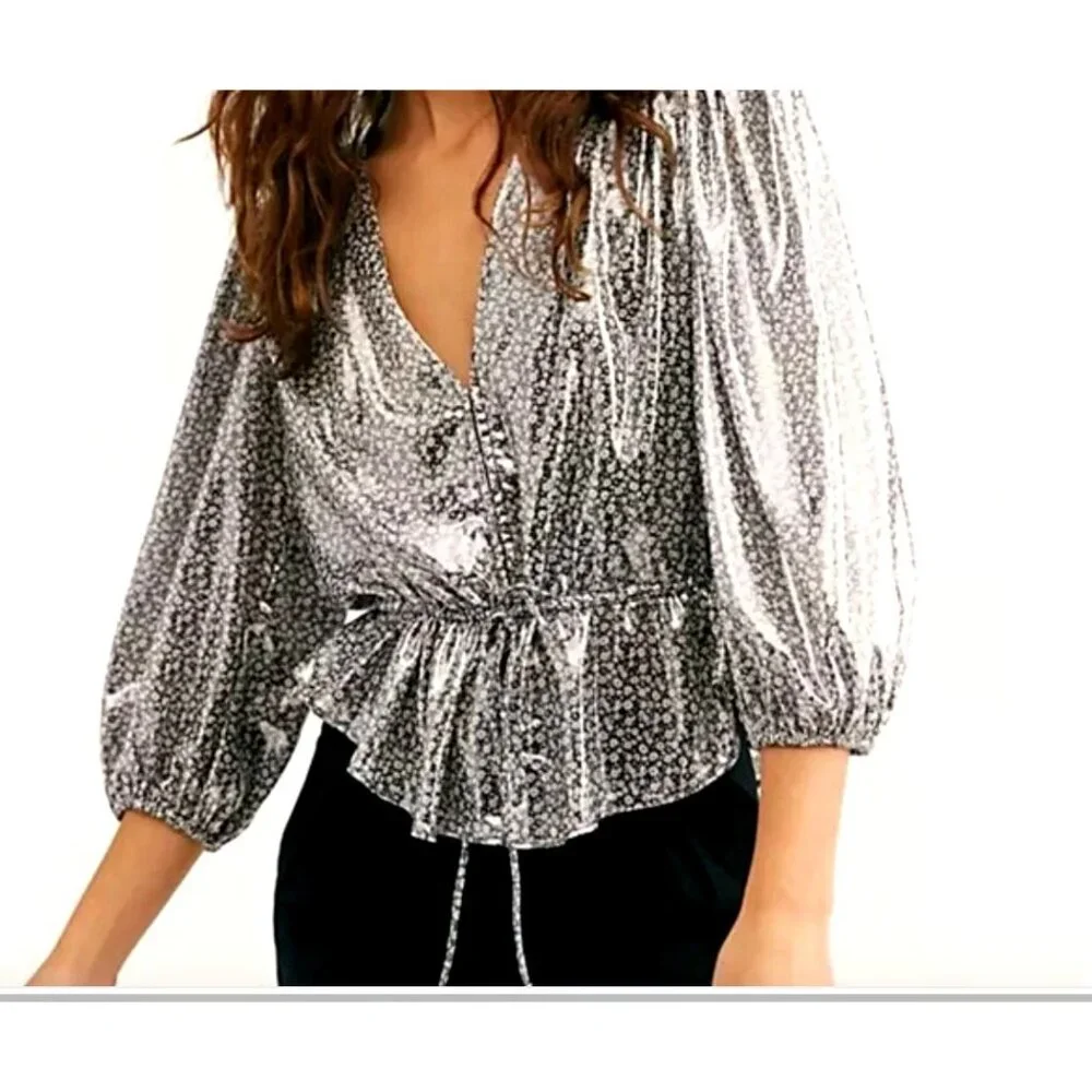 Free People‎ XS Talk That Talk Metallic Silver Floral Puff Sleeve Ruffle Top